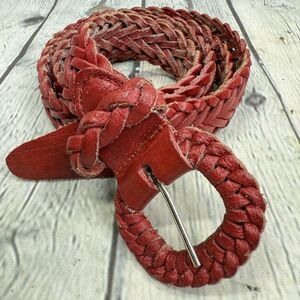 Vintage Red Woven Leather Belt Women Size Large Braided Boho Adjustable 43" West